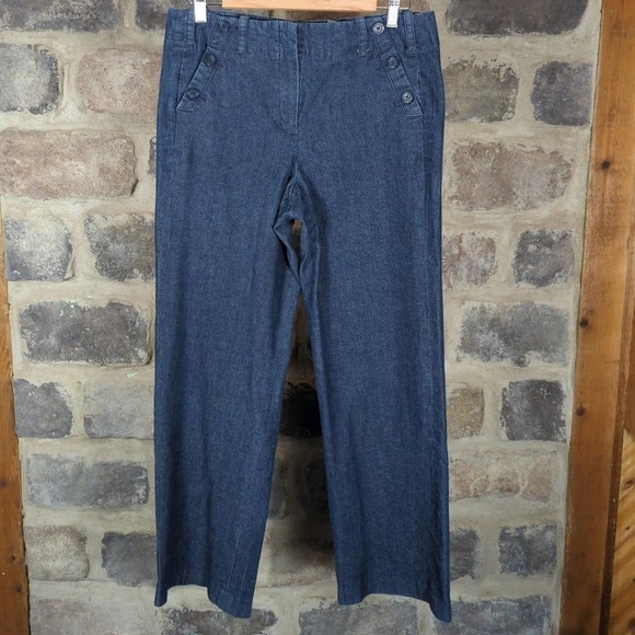 Sandro Sportswear Pants Wide Leg Chambray Woman's Size 10 Blue Button Accent - Picture 1 of 10